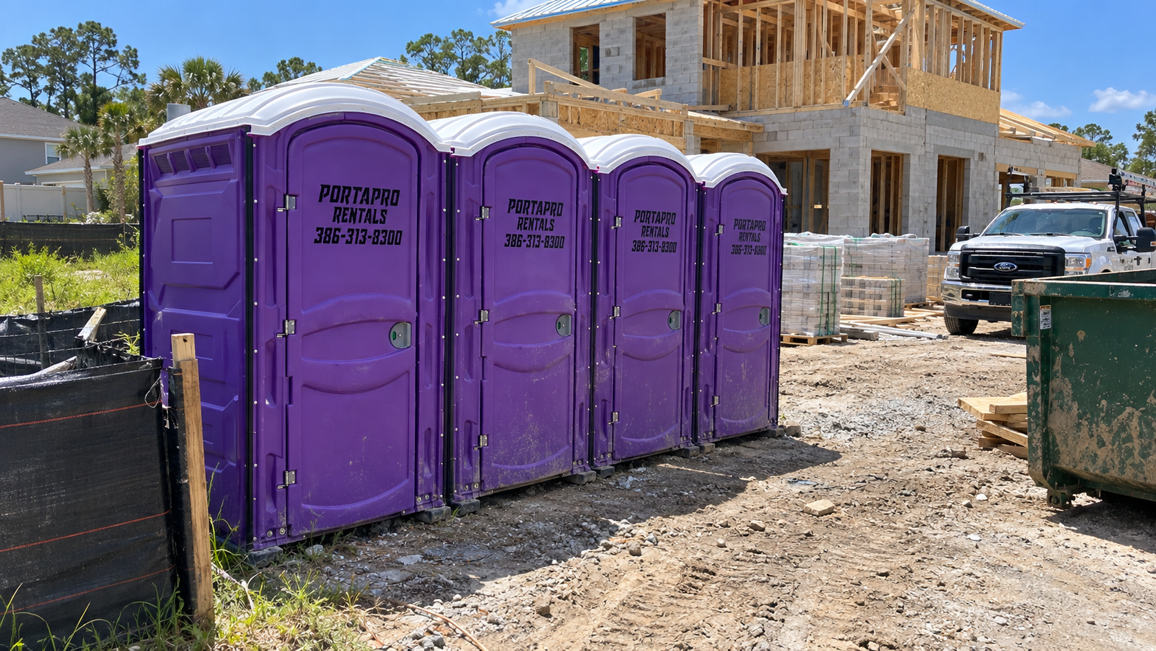 PortaPro Rentals purple units staged on a Northeast Florida construction site