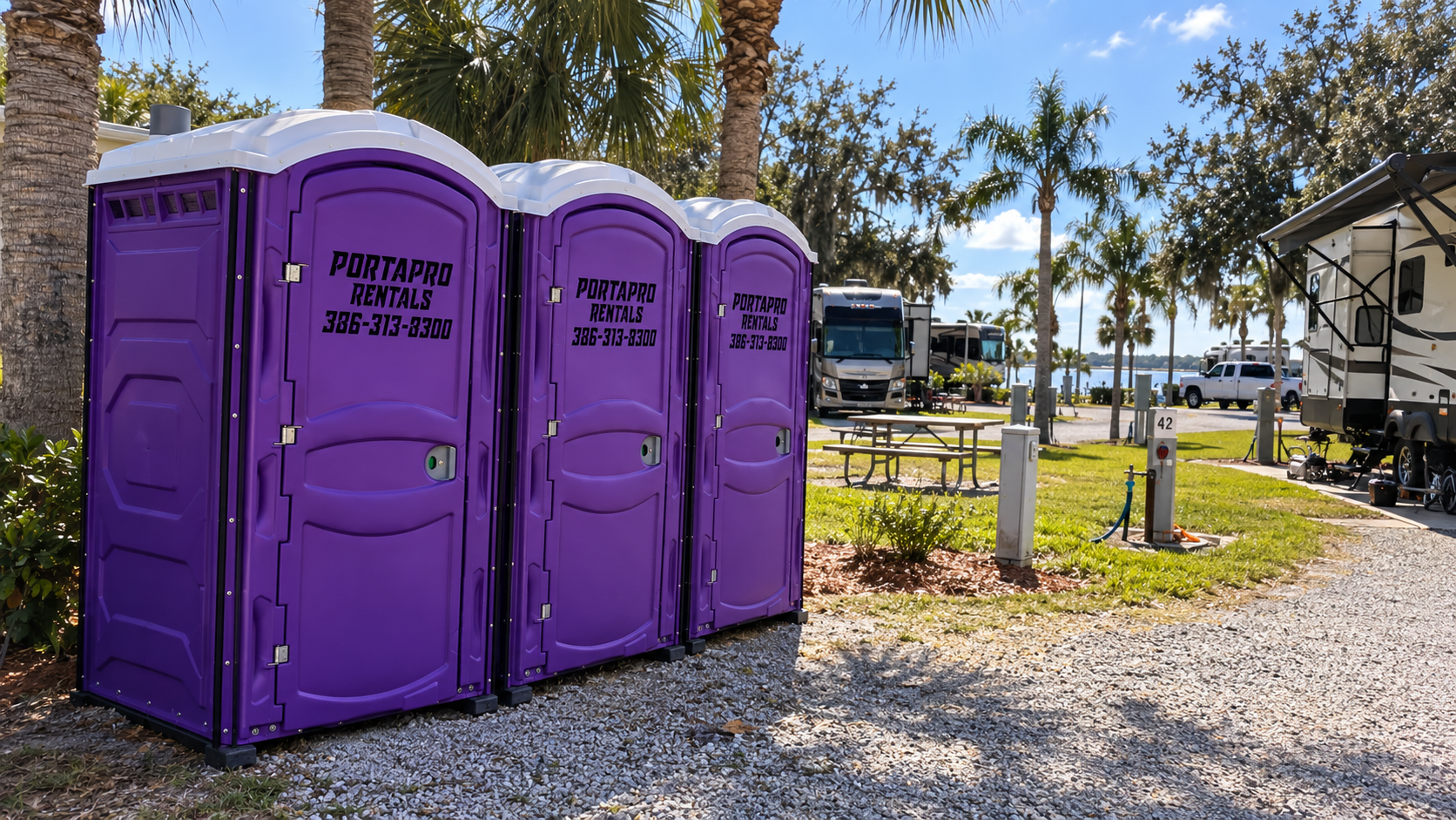 PortaPro porta potty units at an RV park and campground in Northeast Florida