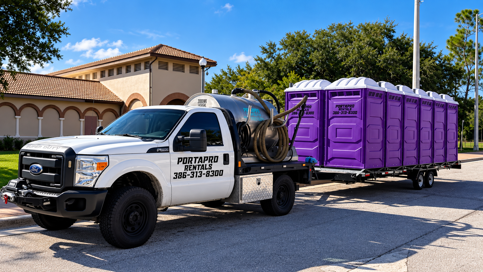 PortaPro service truck with vacuum tank towing a trailer of branded purple porta potty units