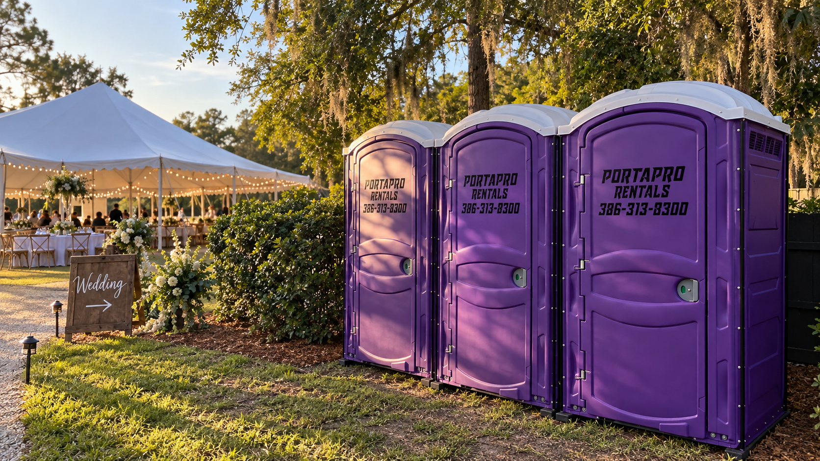 PortaPro units staged beside a wedding tent and reception at an outdoor venue